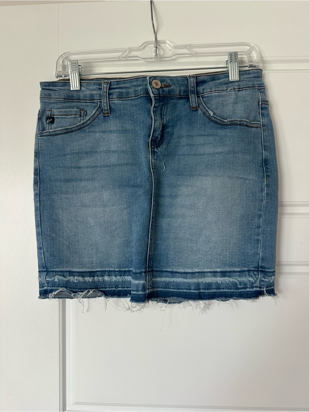 KanCan Blue Denim Mini Skirt with Frayed Hem